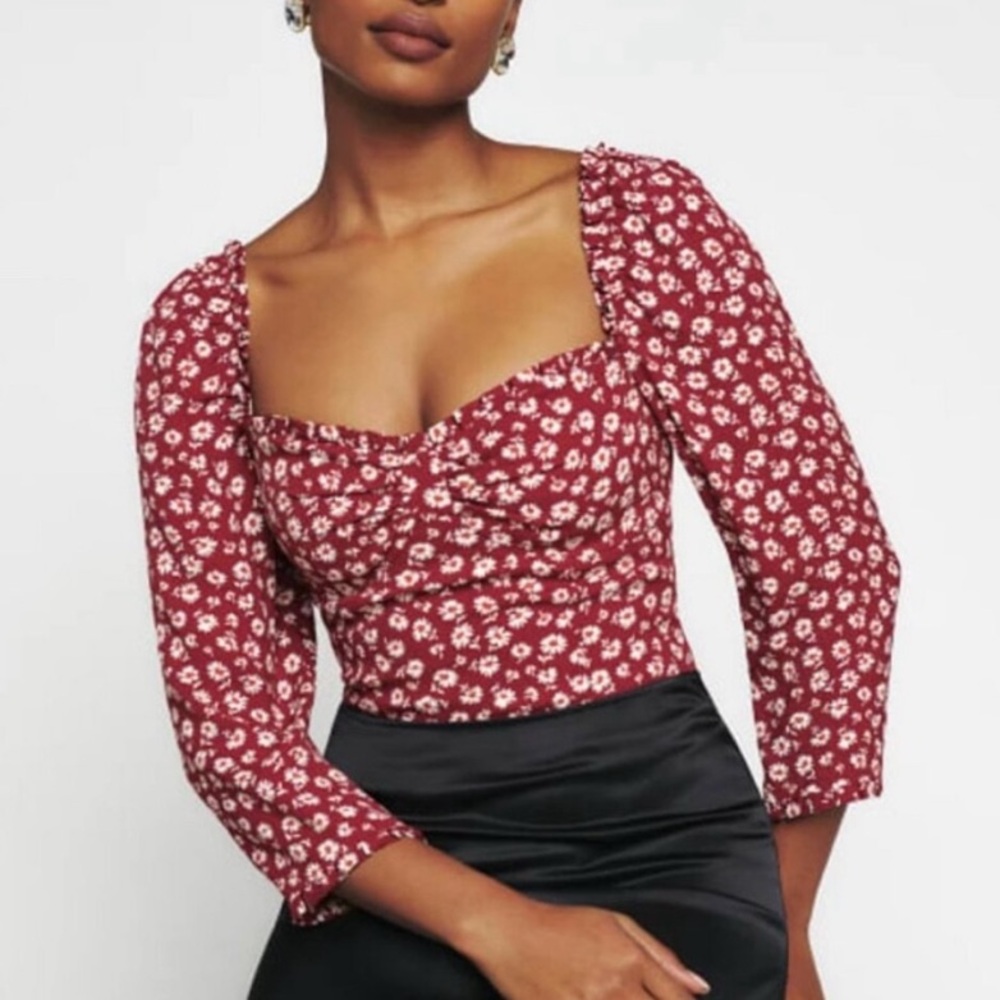 Reformation Meriah Peasant Top in Red Cary Floral Cottagecore sz 2